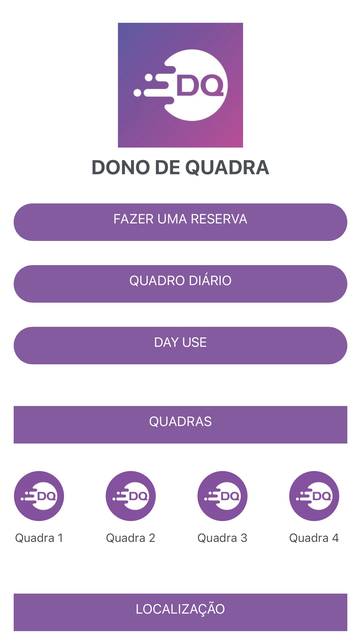 Tela inicial do sistema Dono de Quadra: logo e cores do sistema, com os mesmos botões de reserva, quadro diário e day use, e as quatro quadras listadas.